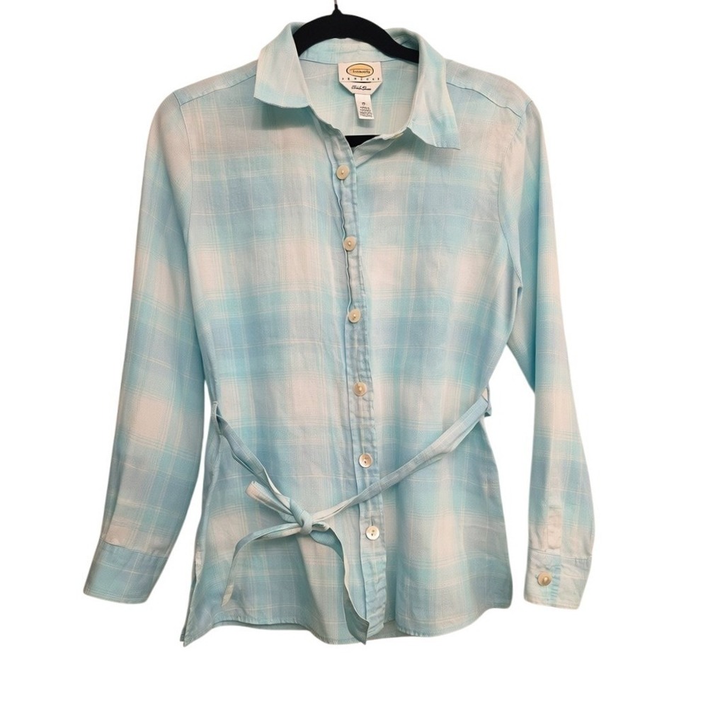 Talbots 10 Blue Plaid Linen Button Down Tie Waist Shirt Coastal Grandma Preppy